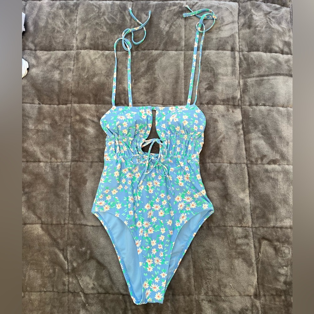 xhilaration | Blue Floral High Cut One Piece Bathing Suit